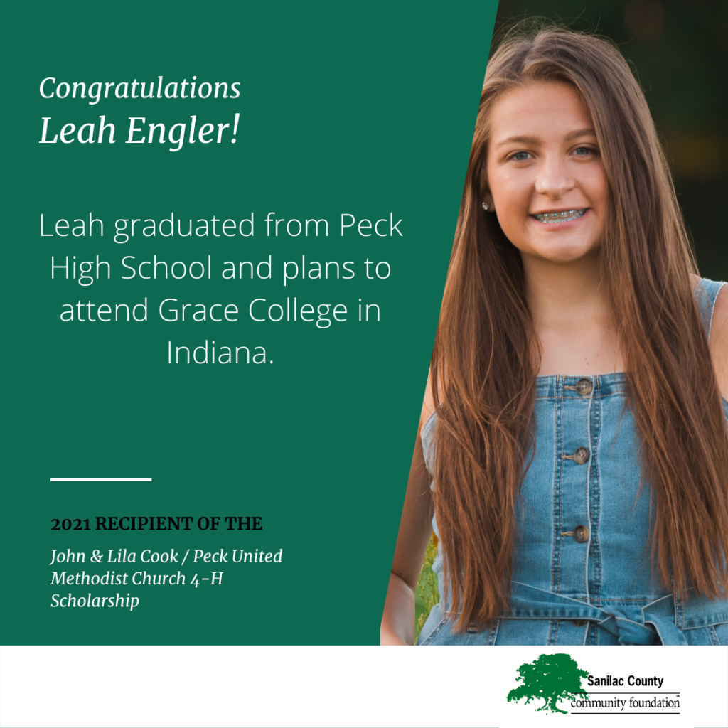 Congratulations Leah Engler! Leah graduated from Peck High School and plans to attend Grace College in Indiana. 2021 recipient of the John & Lila Cook / Peck United Methodist Church 4-H Scholarship; image of young smiling woman in a denim dress