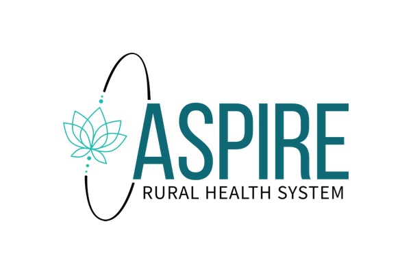 A logo for Aspire Rural Health System with a teal lotus flower design and a curved black line with dots to the left of the large teal text ASPIRE, with RURAL HEALTH SYSTEM below.