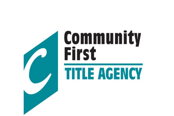 Logo for Community First Title Agency. A stylized white 'C' on a teal parallelogram is beside 'Community First' in black and 'TITLE AGENCY' in teal, separated by a line.