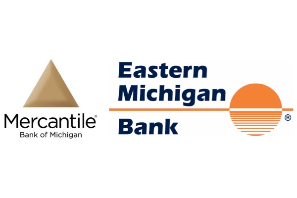 Two bank logos. Left: Mercantile Bank of Michigan, with a gold triangle icon. Right: Eastern Michigan Bank, with blue text and an orange sun-like icon.