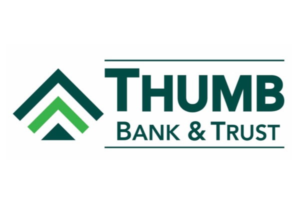 Logo for Thumb Bank & Trust, featuring a layered green upward-pointing chevron design next to the company name in dark green text.